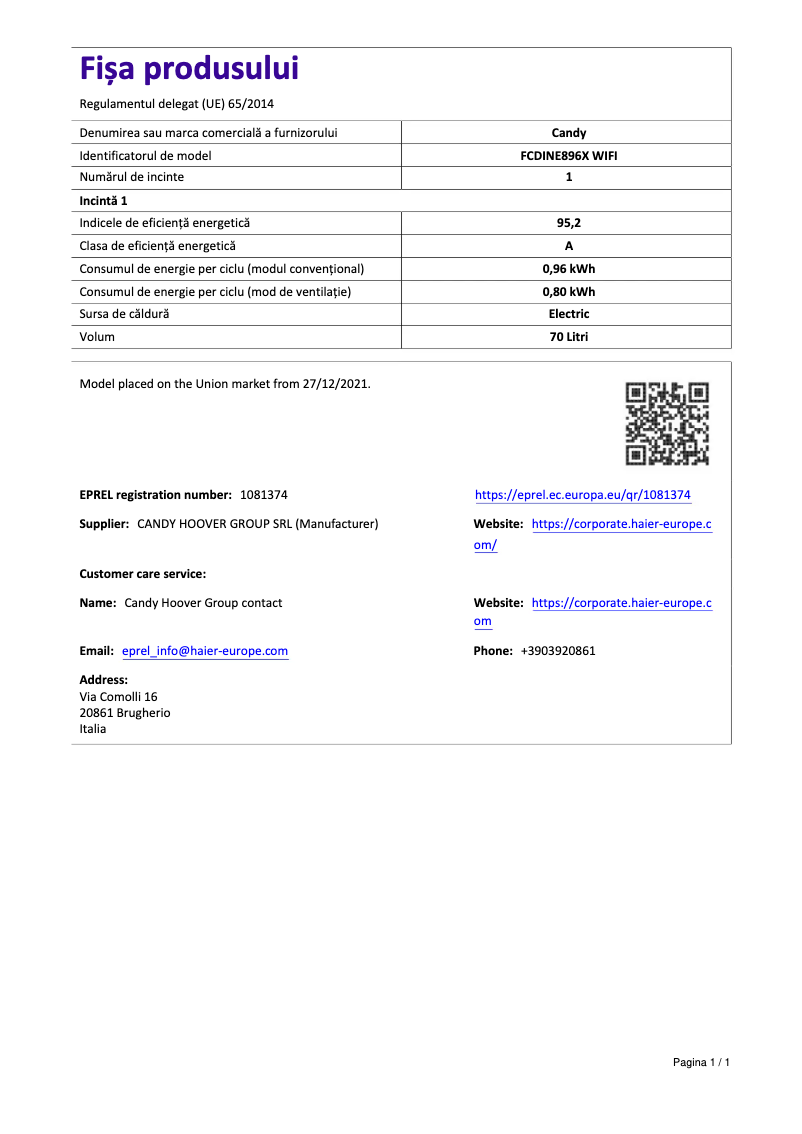 Page 1 de la notice Manuel utilisateur Candy FCDINE896X WIFI