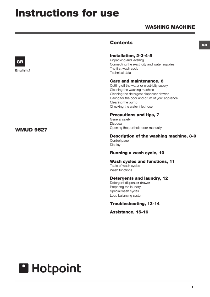 Page n°1 - Manuel utilisateur Hotpoint WMUD 9627 P