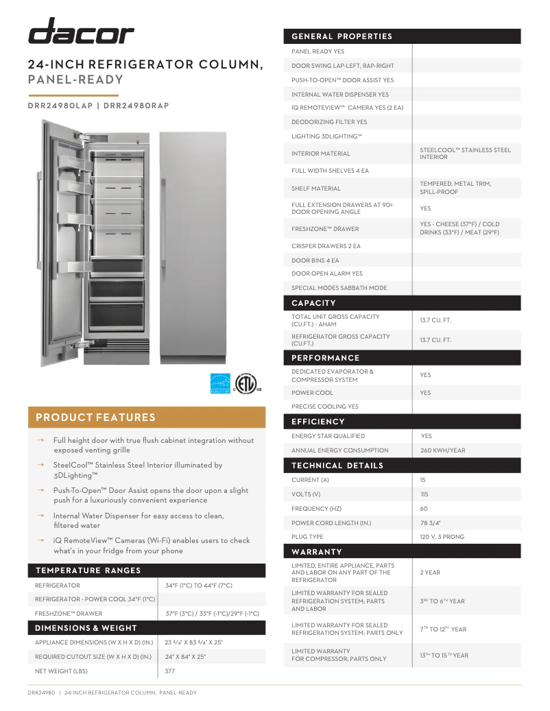 Page 1 de la notice Fiche technique Dacor DRR24980LAP