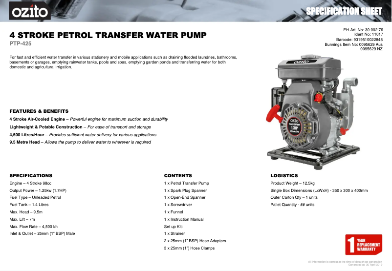 Página 1 del manual Ficha técnica Ozito PTP-425