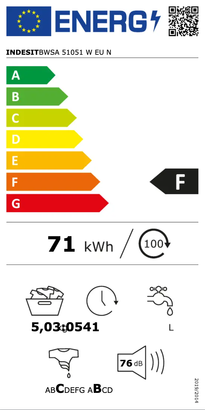 Page n°1 - Label énergétique Indesit BWSA 51051 W EU N