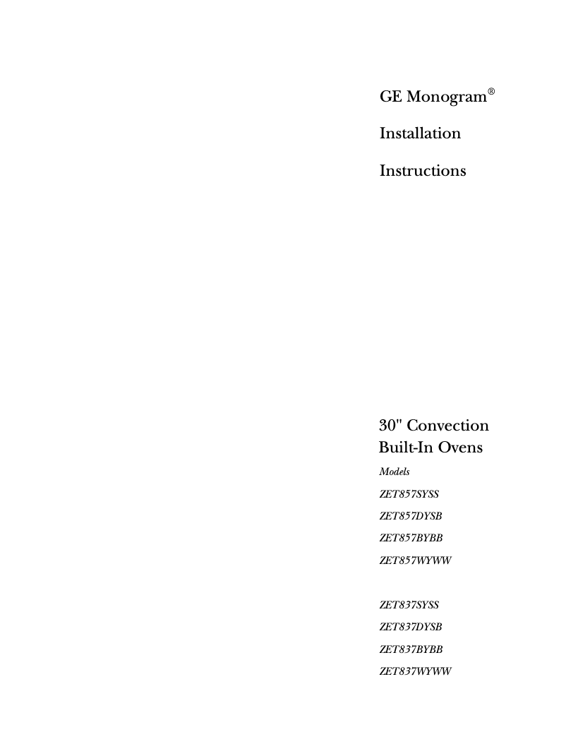 Page n°1 - Guide d'installation GE ZET837WBWW