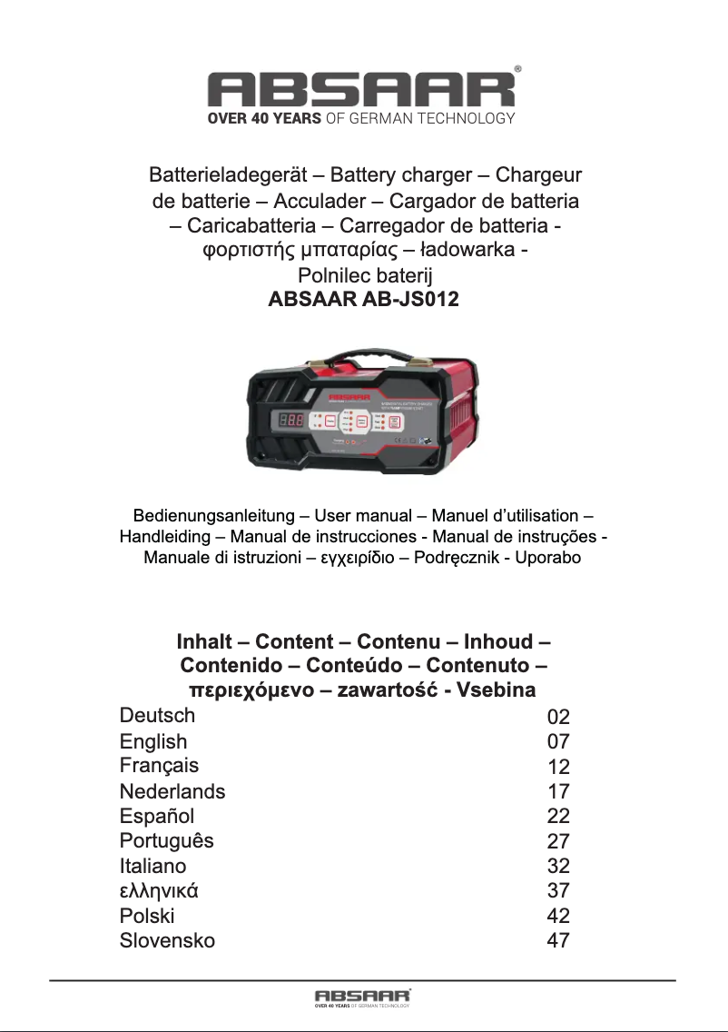 Page n°1 - Manuel utilisateur Absaar AB JS012