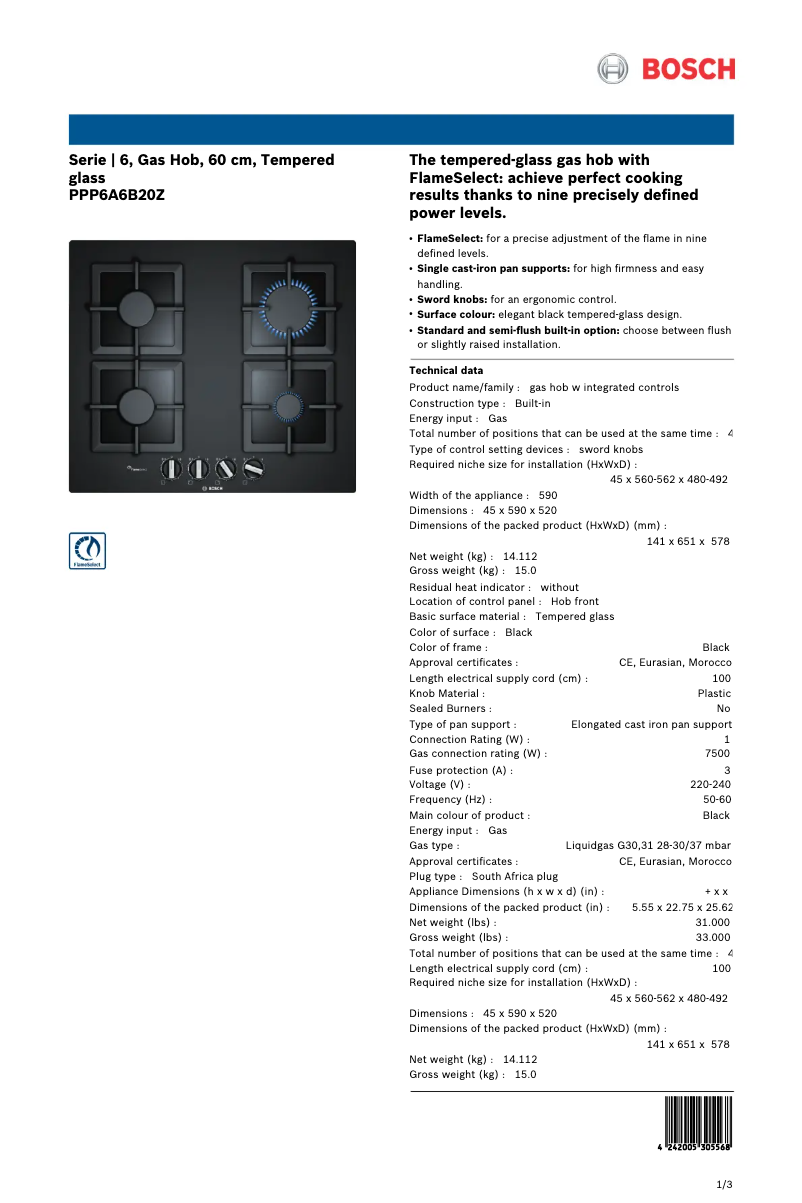 Page 1 de la notice Fiche technique Bosch PPP6A6B20Z