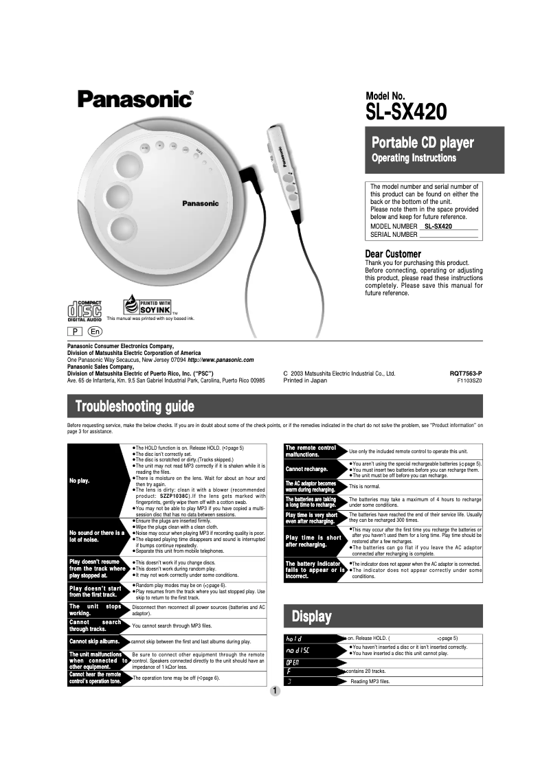 Image de la première page du manuel de l'appareil SL-SX420
