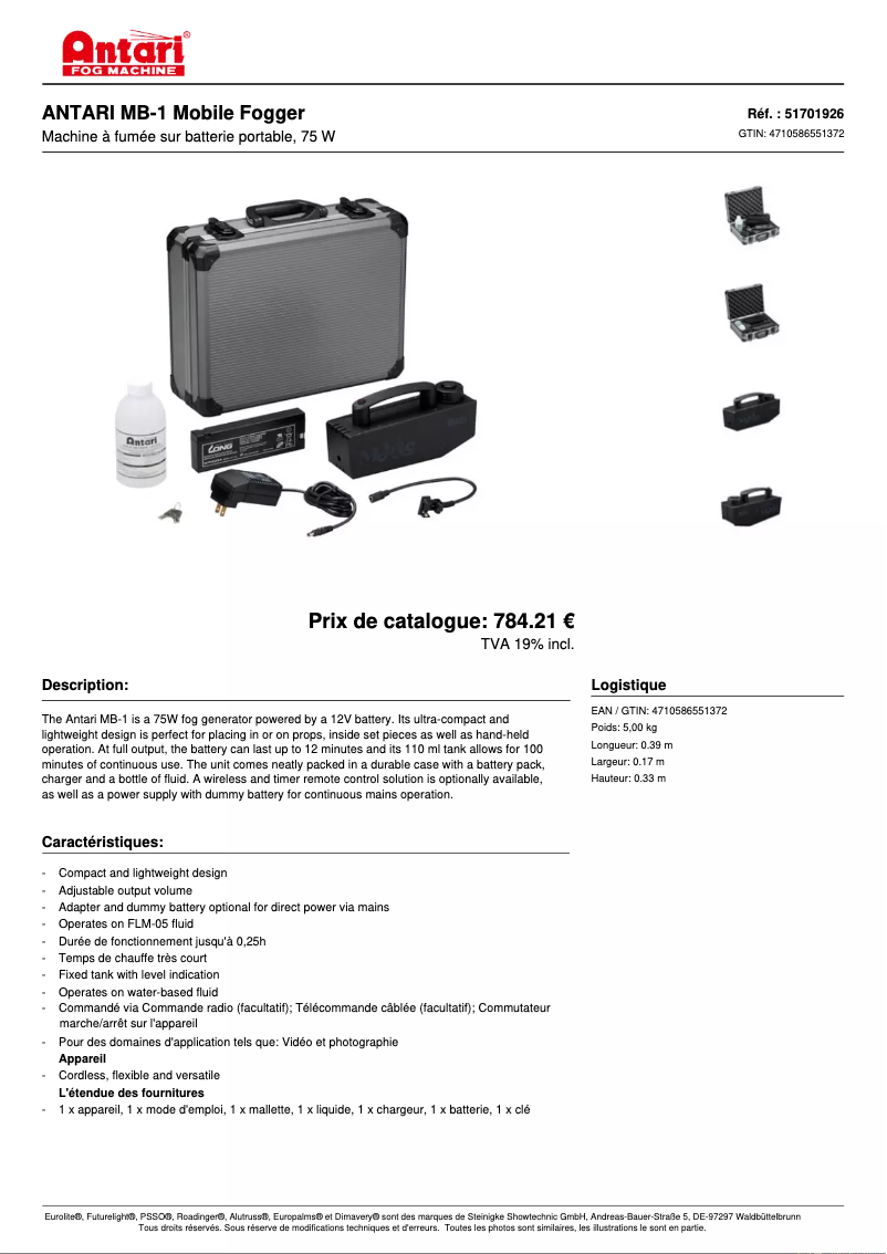 Page 1 de la notice Fiche technique Antari MB-1