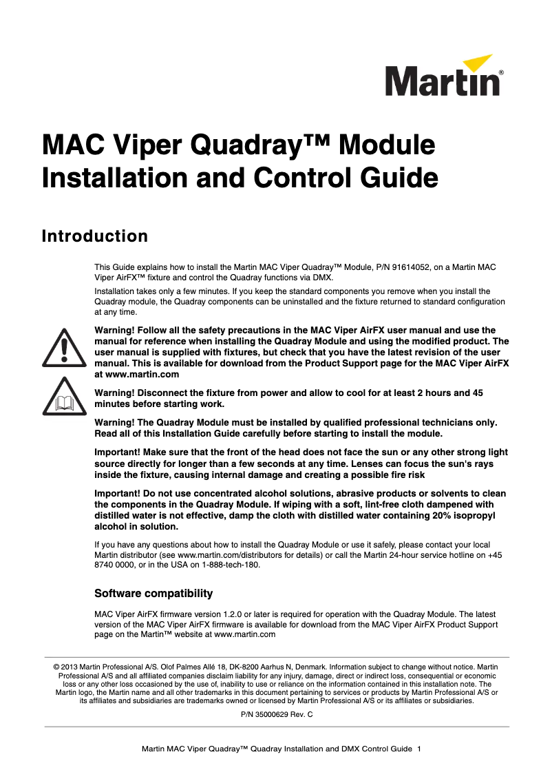 Page 1 de la notice Guide d'installation Martin MAC Viper Quadray
