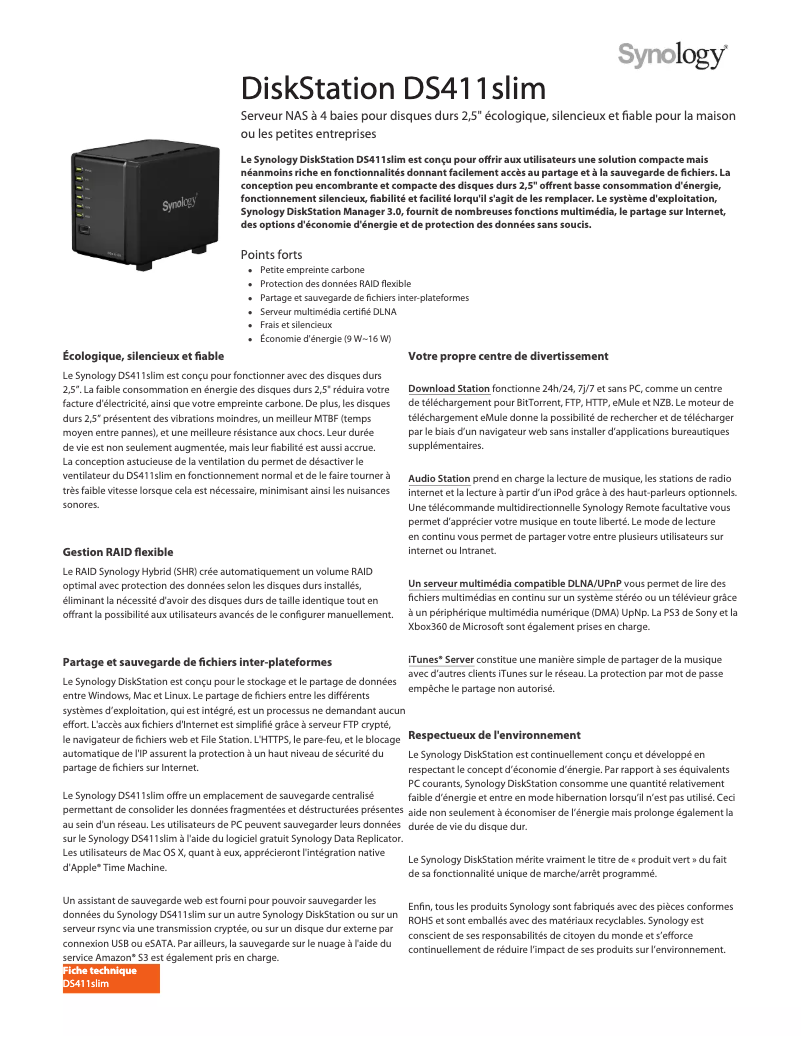 Page n°1 - Fiche technique Synology DiskStation DS411slim