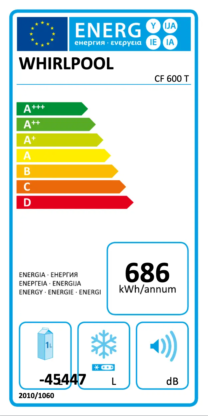 Page 1 de la notice Label énergétique Whirlpool CF 600 T