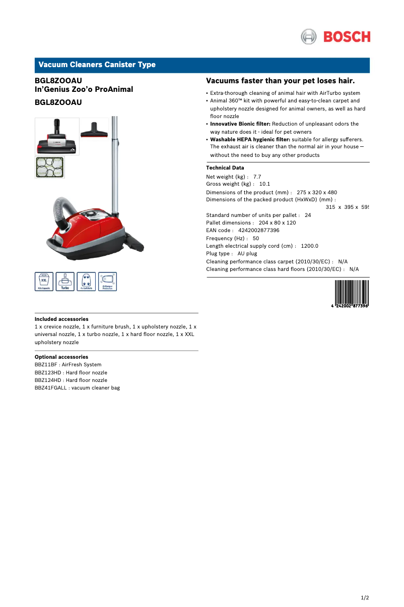 Page 1 de la notice Fiche technique Bosch In'genius ProAnimal BGL8ZOO