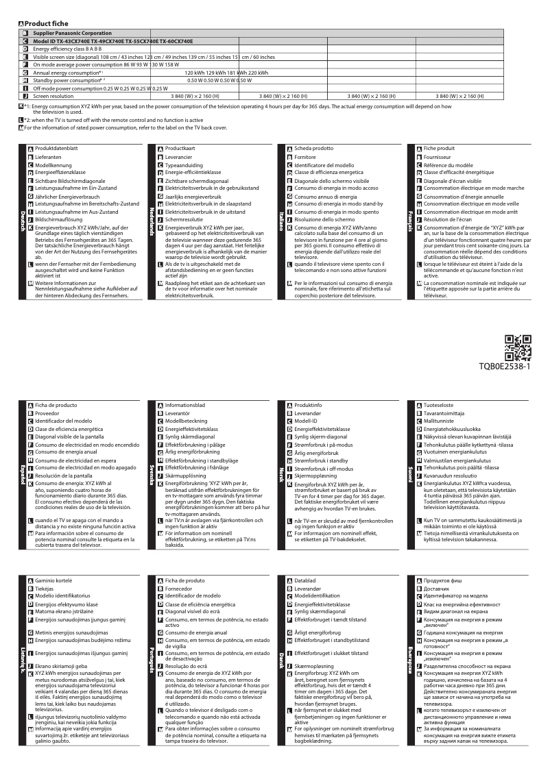 Page 1 de la notice Fiche technique Panasonic TX-55CX740E