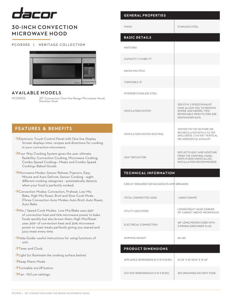 Page 1 de la notice Fiche technique Dacor PCOR30S