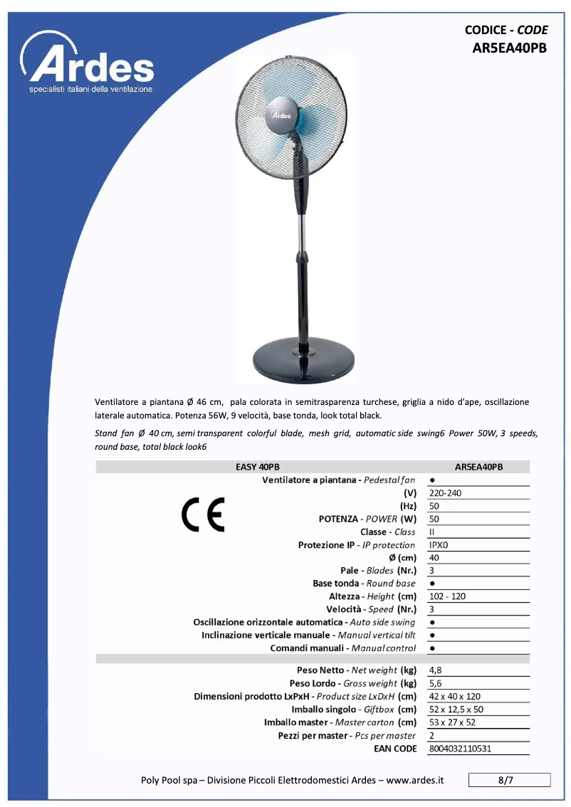 Página 1 del manual Ficha técnica Ardes AR5EA40PB