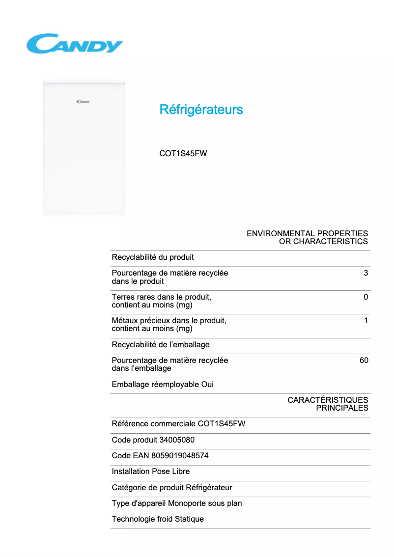 Page 1 de la notice Fiche technique Candy COT1S45FW