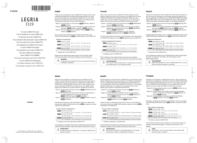 Page n°1 - Manuel utilisateur Canon Legria FS20