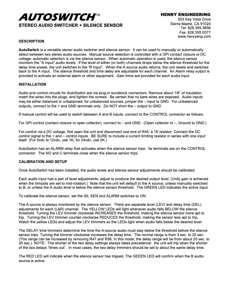 Page 1 de la notice Manuel utilisateur Henry Engineering Autoswitch