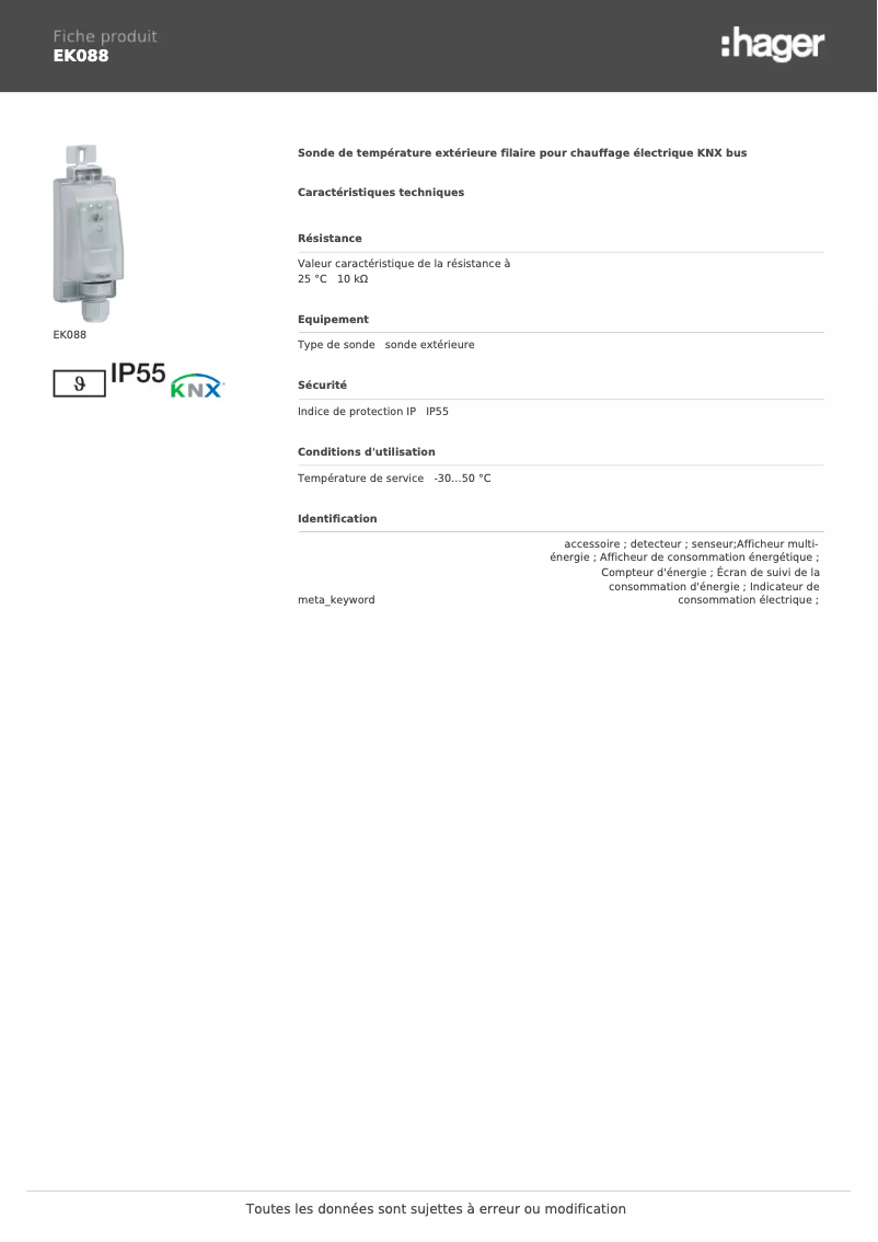 Page n°1 - Fiche technique Hager EK088