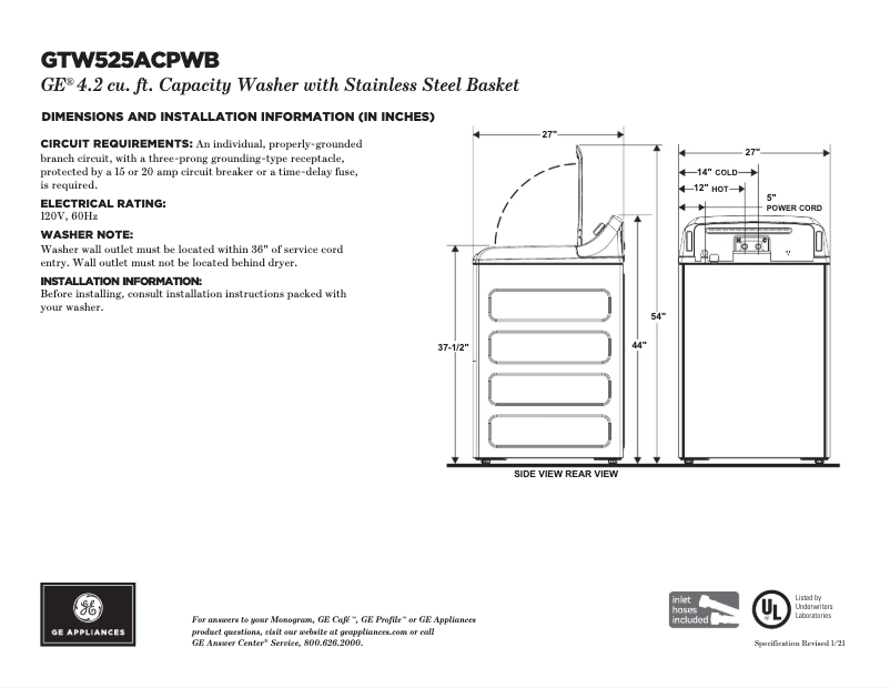 Page n°1 - Fiche technique GE GTW525ACPWB