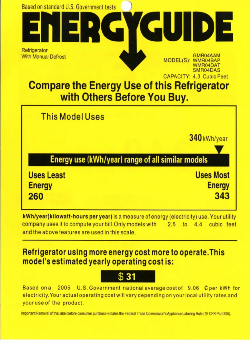 Page 1 de la notice Label énergétique GE WMR04BAPBB