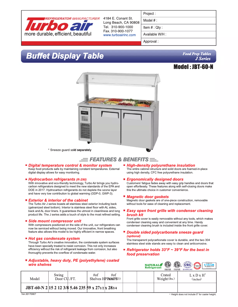 Page n°1 - Fiche technique Turbo air JBT-60