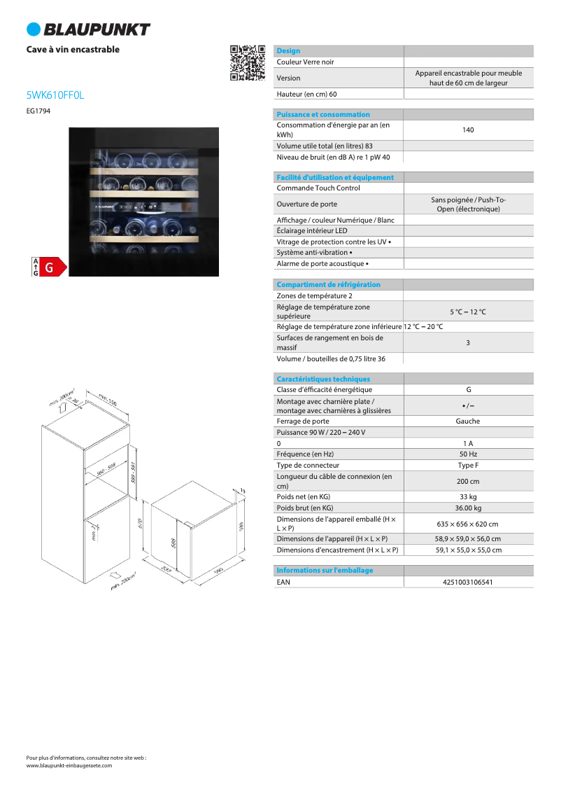 Page 1 de la notice Fiche technique Blaupunkt 5WK610FF0