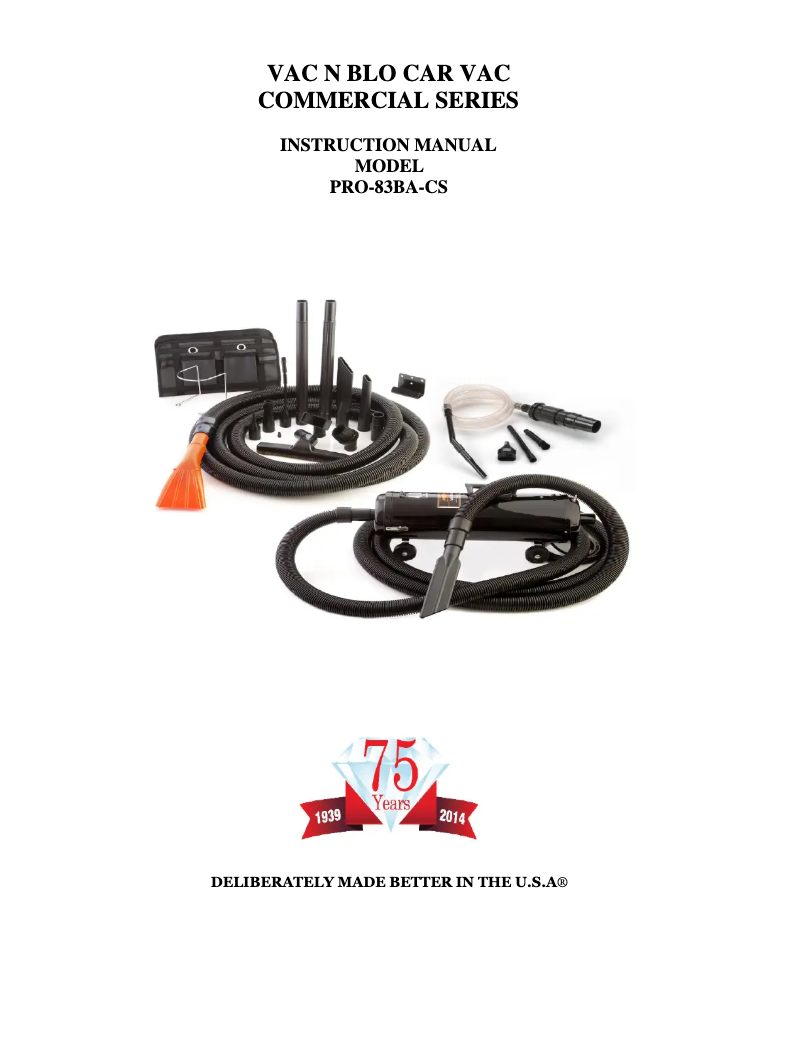 Page 1 de la notice Manuel utilisateur MetroVac Vac N Blo PRO-83BA-CS