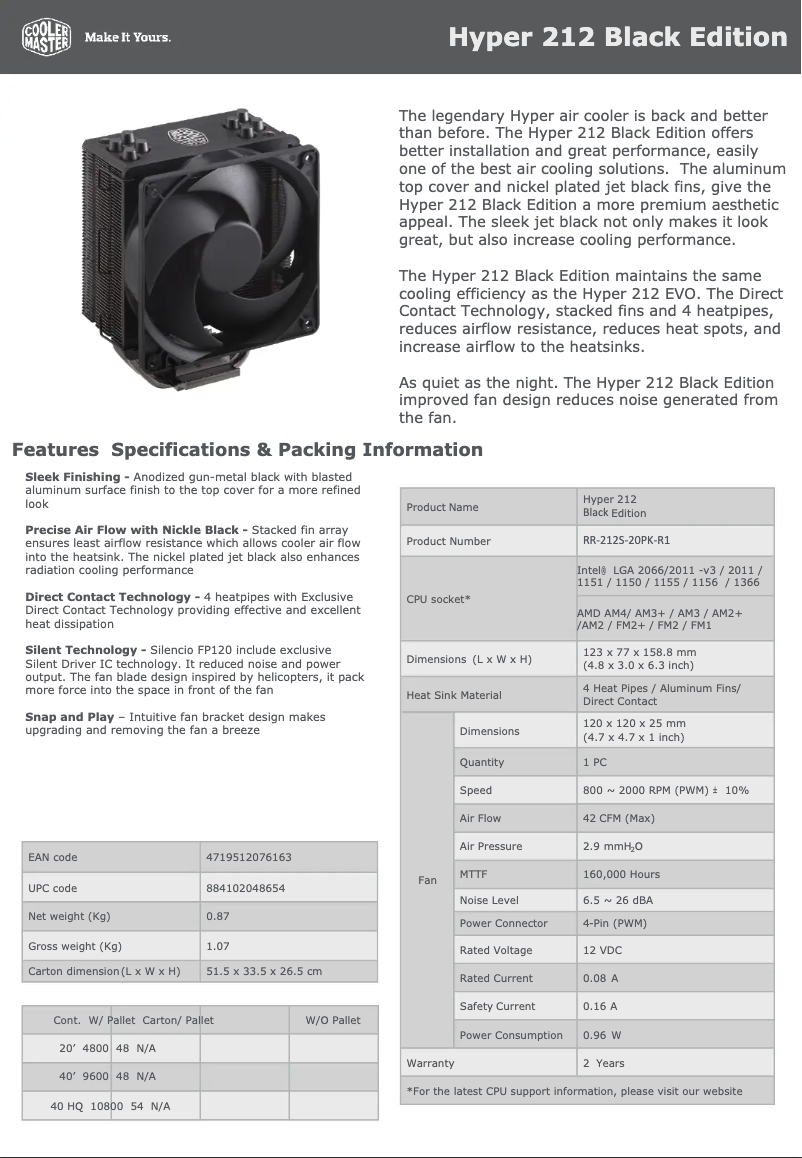 Página 1 del manual Ficha técnica Cooler Master Hyper 212 Black Edition