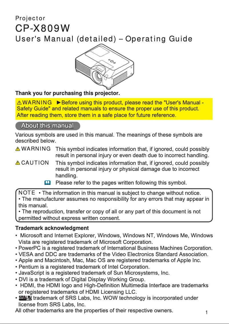 Imagen de la primera página del manual del dispositivo CP-X809