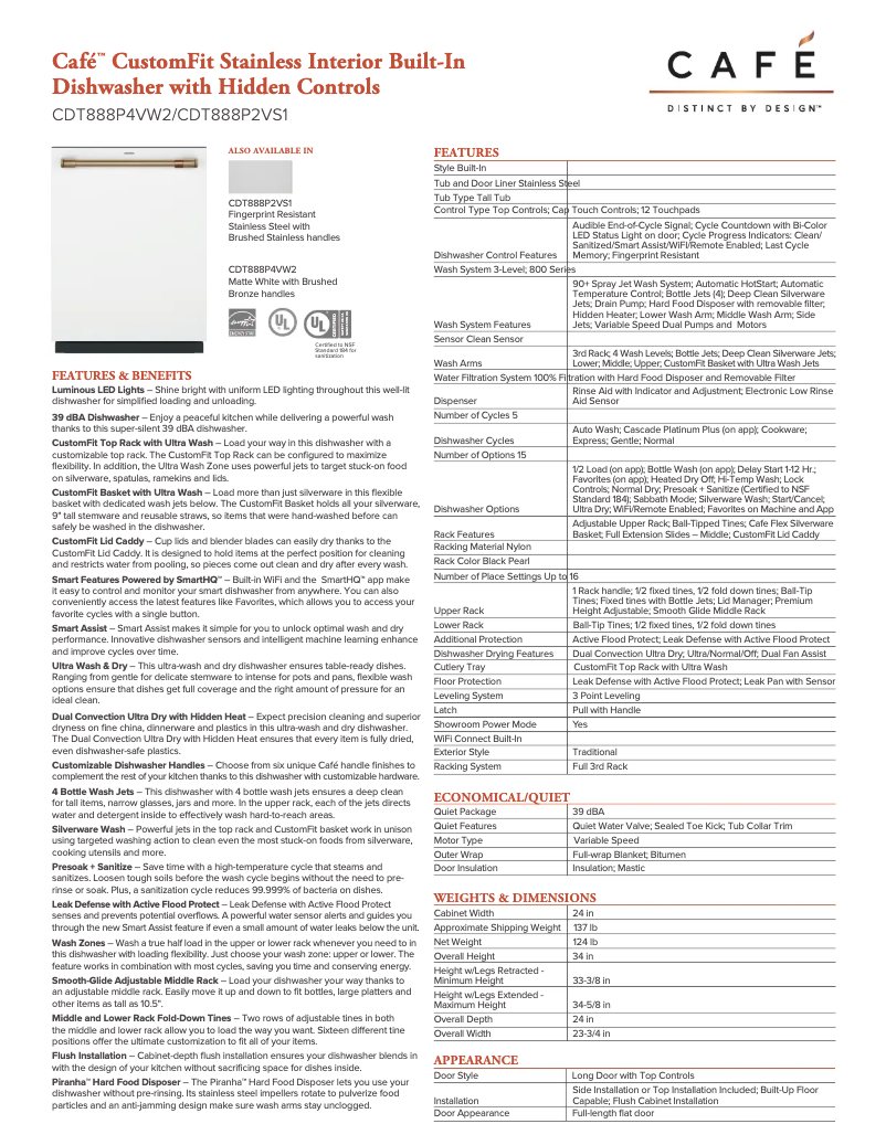 Page 1 of the manual Technical Sheet GE CDT888P2VS1