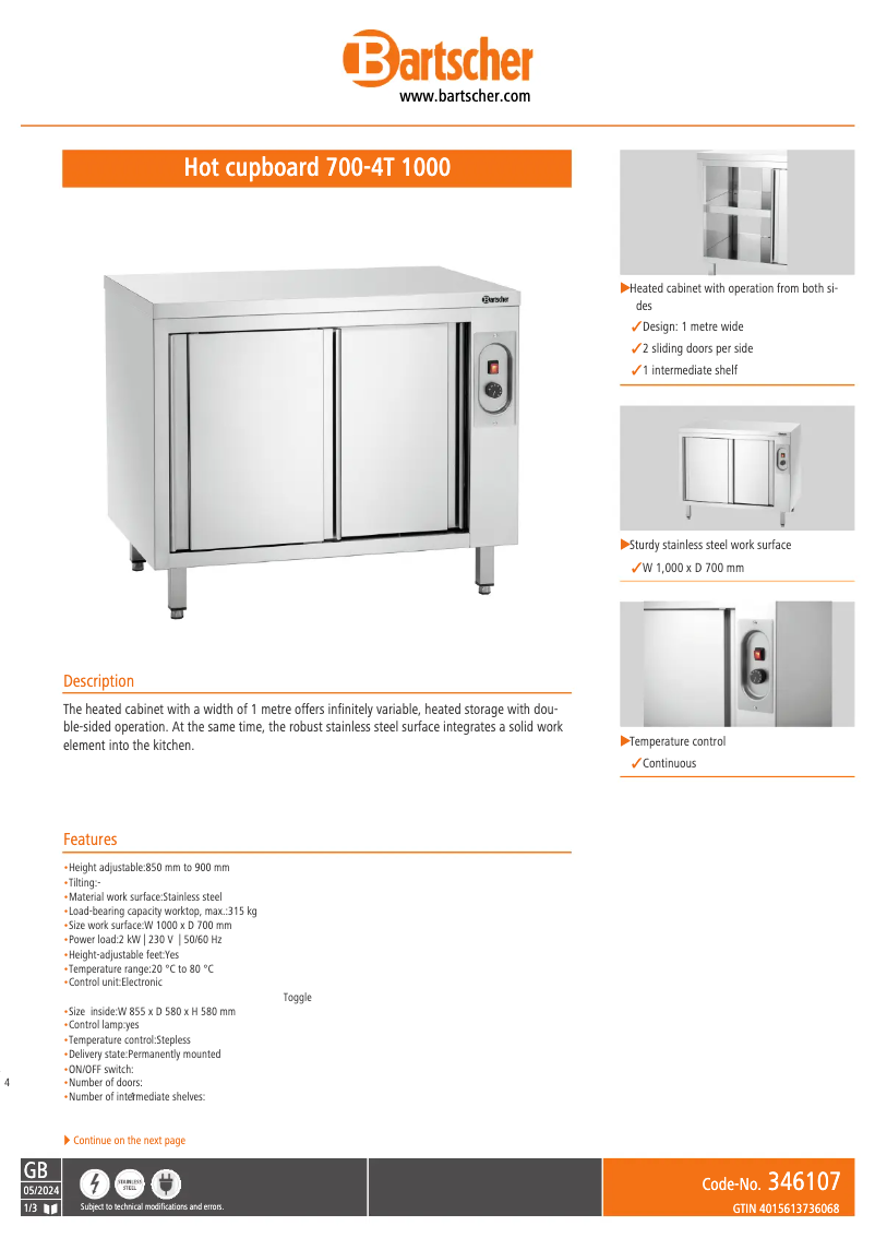 Page 1 of the manual Technical Sheet Bartscher 700-4T 1000