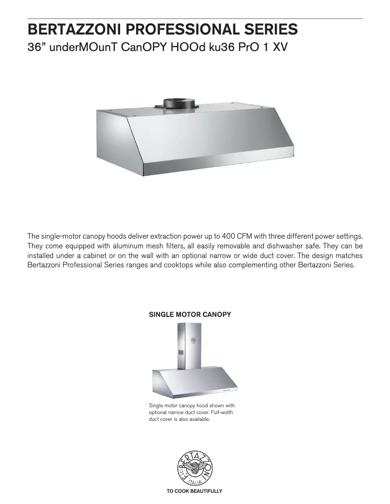 Page 1 de la notice Fiche technique Bertazzoni KU36PRO1XV