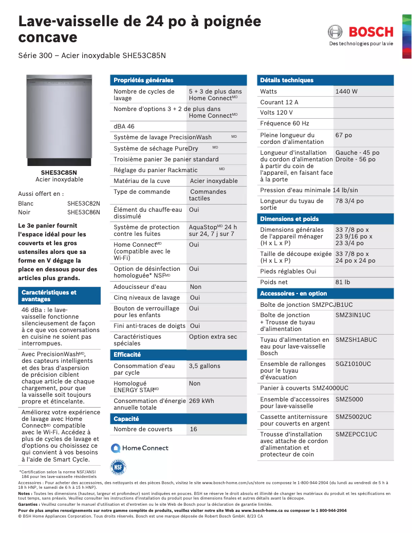 Página 1 del manual Ficha técnica Bosch SHE53C85N