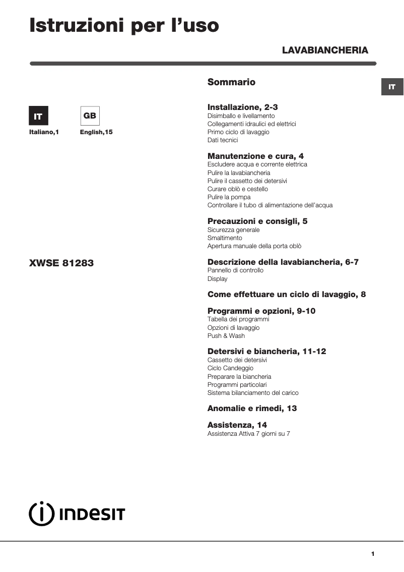 Page 1 de la notice Manuel utilisateur Indesit XWSE 81283X WWGG IT