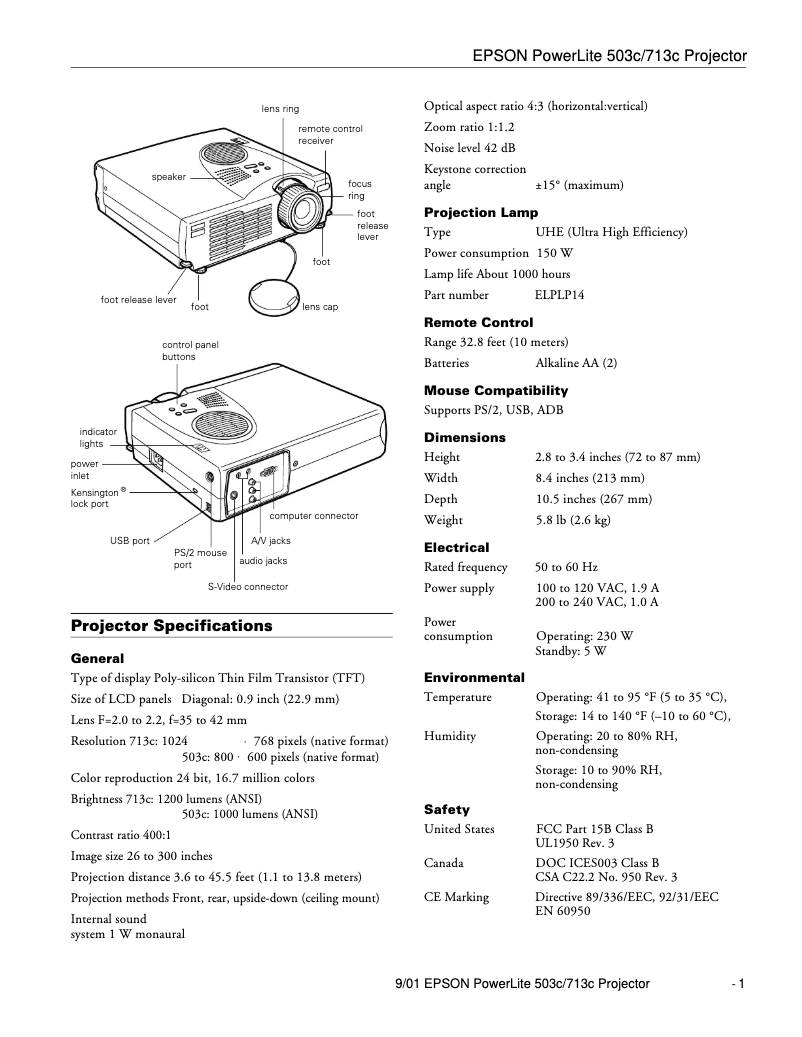 Page 1 de la notice Fiche technique Epson PowerLite 713c