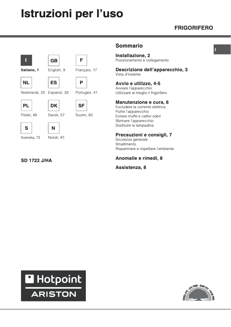 Page 1 de la notice Manuel utilisateur Hotpoint Ariston SD 1722 J/HA