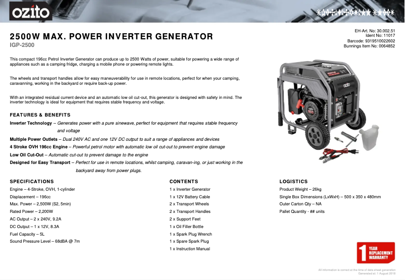 Page 1 de la notice Fiche technique Ozito IGP-2500