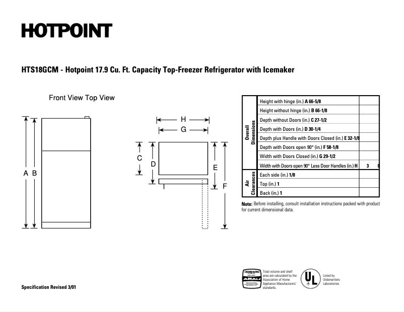 Página 1 del manual Ficha técnica Hotpoint HTS18GCMCC