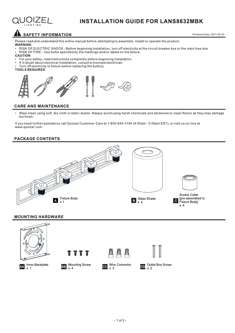 Page 1 de la notice Manuel utilisateur Quoizel Lansdowne LANS8632MBK