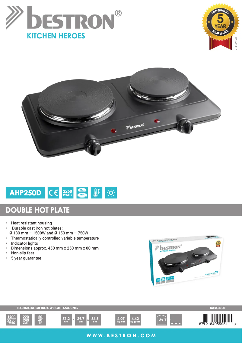 Page 1 de la notice Fiche technique Bestron AHP250D