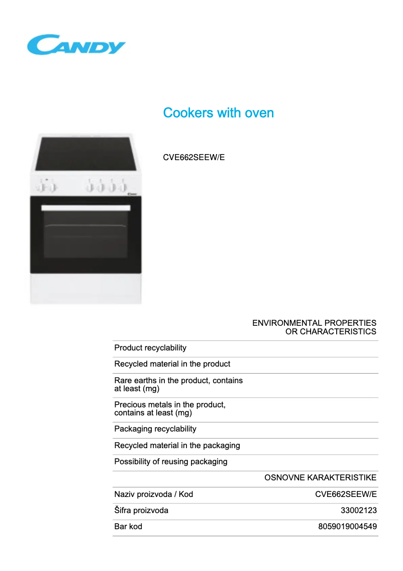 Page 1 de la notice Fiche technique Candy CVE662SEEW/E