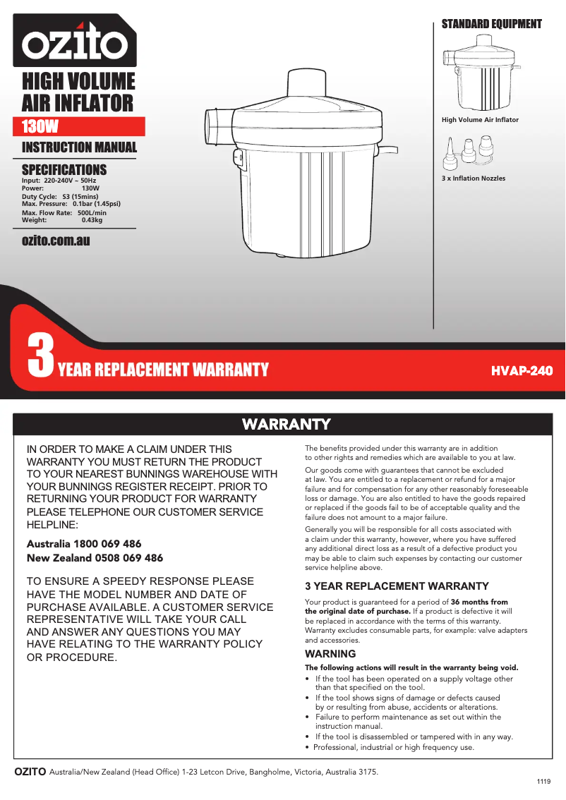 Image de la première page du manuel de l'appareil HVAP-240