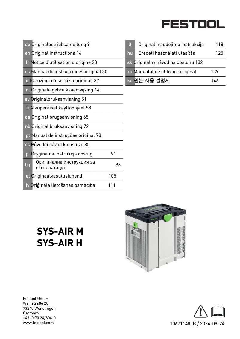Page 1 de la notice Manuel utilisateur Festool SYS-AIR H