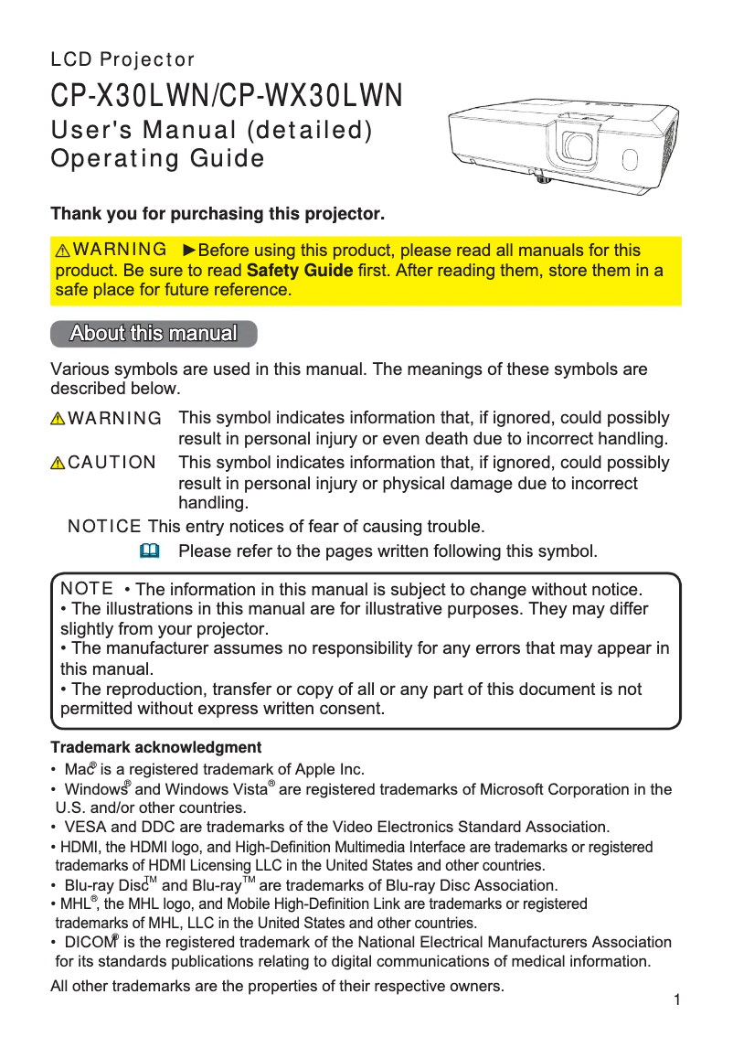 Page 1 de la notice Manuel utilisateur Hitachi CP-X30LWN