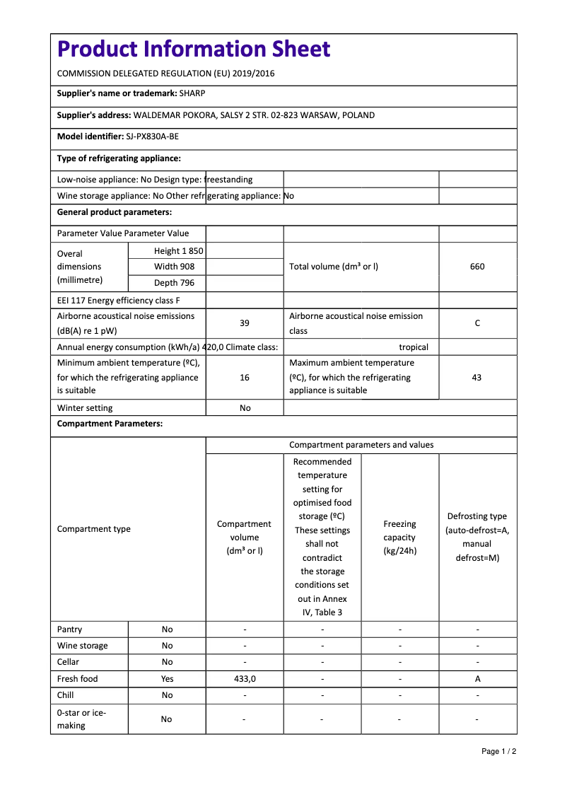 Page 1 de la notice Manuel utilisateur Sharp SJ-PX830A-BE