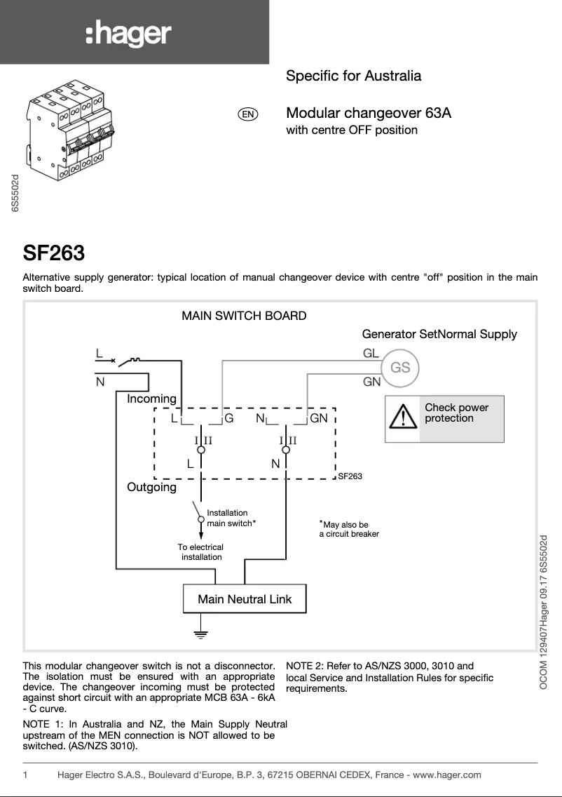 Page n°1 - Manuel utilisateur Hager SF263