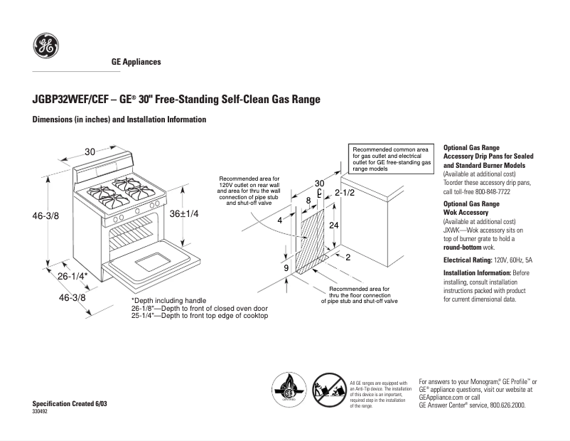 Page 1 of the manual Technical Sheet GE JGBP32CEFCC