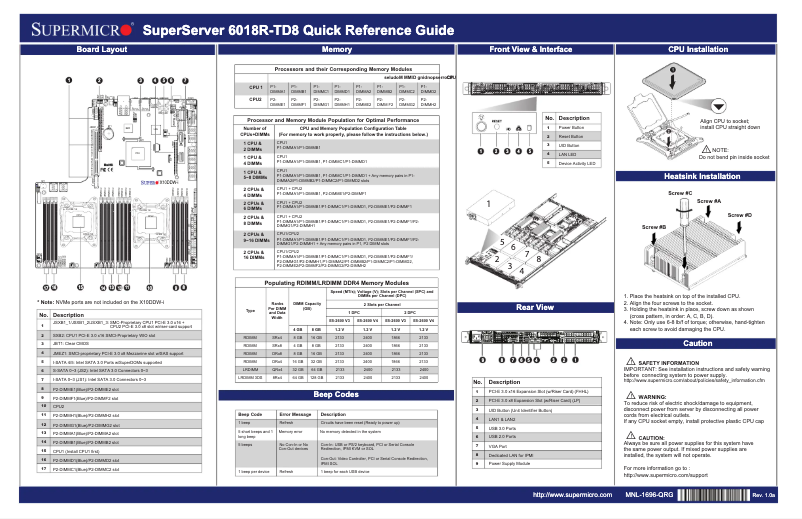 Page 1 de la notice Guide de démarrage rapide Supermicro SuperServer 6018R-TD8