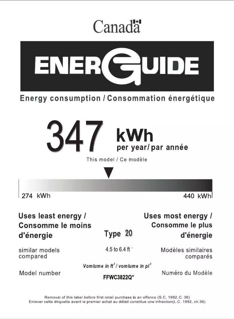 Page n°1 - Label énergétique Frigidaire FFWC3822QS