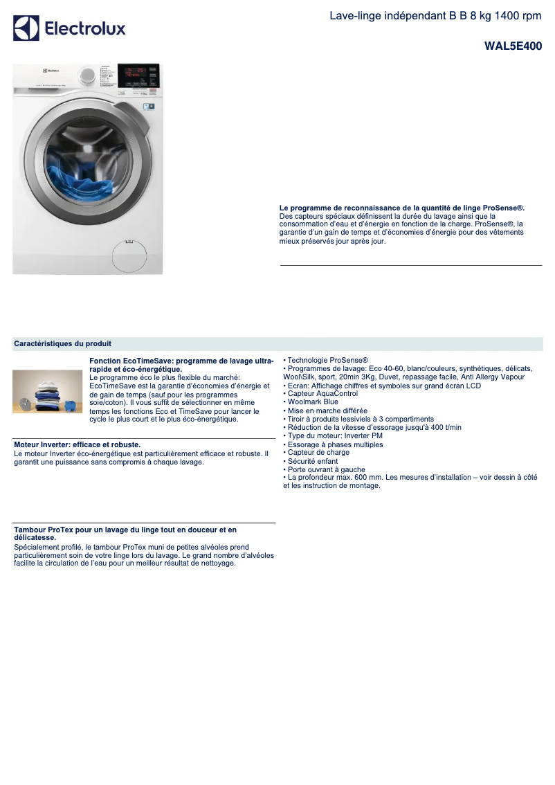Page 1 de la notice Fiche technique Electrolux WAL5E400