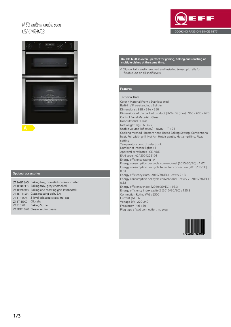 Page 1 de la notice Fiche technique Neff U2ACM7HN0B